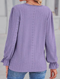 WOMEN LACE TRIM NECK EYELET LONG SLEEVE SHIRT TOP