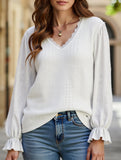 WOMEN LACE TRIM NECK EYELET LONG SLEEVE SHIRT TOP