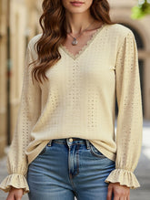 WOMEN LACE TRIM NECK EYELET LONG SLEEVE SHIRT TOP