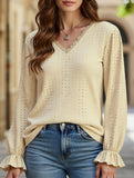 WOMEN LACE TRIM NECK EYELET LONG SLEEVE SHIRT TOP