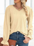 WOMEN LACE TRIM NECK EYELET LONG SLEEVE SHIRT TOP