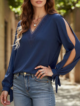 WOMEN GUIPURE LACE TRIM V NECK TIED CUFF BLOUSE