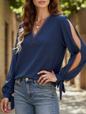WOMEN GUIPURE LACE TRIM V NECK TIED CUFF BLOUSE