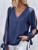 WOMEN GUIPURE LACE TRIM V NECK TIED CUFF BLOUSE