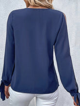 WOMEN GUIPURE LACE TRIM V NECK TIED CUFF BLOUSE