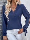 WOMEN GUIPURE LACE TRIM V NECK TIED CUFF BLOUSE