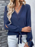 WOMEN GUIPURE LACE TRIM V NECK TIED CUFF BLOUSE