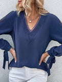 WOMEN GUIPURE LACE TRIM V NECK TIED CUFF BLOUSE