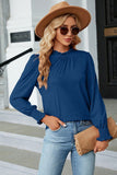Women Flounce Ruffle Neck Smocked Cuff Blouse_Cwtstl0356