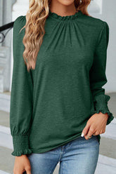 WOMEN FLOUNCE RUFFLE NECK SMOCKED CUFF BLOUSE