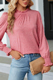 Women Flounce Ruffle Neck Smocked Cuff Blouse_Cwtstl0356
