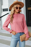 Women Flounce Ruffle Neck Smocked Cuff Blouse_Cwtstl0356