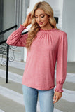 Women Flounce Ruffle Neck Smocked Cuff Blouse_Cwtstl0356