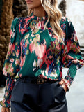 WOMEN FITTED SMOCK CUFF MARBLE PRINTING BLOUSE