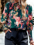 WOMEN FITTED SMOCK CUFF MARBLE PRINTING BLOUSE