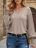 WOMEN V NECK SPLICE PLEATED SHIRT