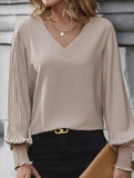 WOMEN V NECK SPLICE PLEATED SHIRT