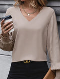 WOMEN V NECK SPLICE PLEATED SHIRT