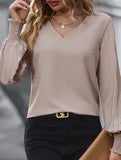 WOMEN V NECK SPLICE PLEATED SHIRT