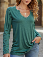 V-neck color cotton long sleeve loose T-shirt