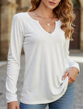 V-neck color cotton long sleeve loose T-shirt