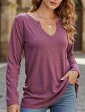 V-neck color cotton long sleeve loose T-shirt
