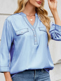 V-neck half-breasted casual imitation denim shirt
