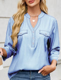 V-neck half-breasted casual imitation denim shirt