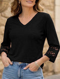 Solid color V-neck lace-trimmed top for women
