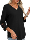 Solid color V-neck lace-trimmed top for women