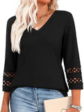 Solid color V-neck lace-trimmed top for women