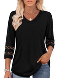 Solid color V-neck lace-trimmed top for women