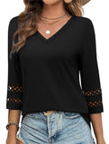 Solid color V-neck lace-trimmed top for women