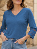 Solid color V-neck lace-trimmed top for women