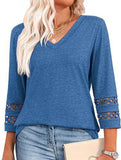 Solid color V-neck lace-trimmed top for women