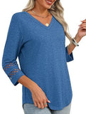 Solid color V-neck lace-trimmed top for women
