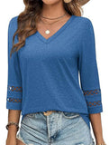 Solid color V-neck lace-trimmed top for women