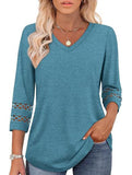 Solid color V-neck lace-trimmed top for women