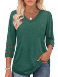 Solid color V-neck lace-trimmed top for women