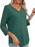 Solid color V-neck lace-trimmed top for women