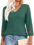 Solid color V-neck lace-trimmed top for women