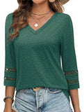 Solid color V-neck lace-trimmed top for women