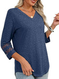 Solid color V-neck lace-trimmed top for women