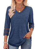 Solid color V-neck lace-trimmed top for women
