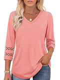 Solid color V-neck lace-trimmed top for women