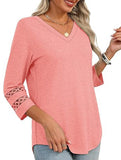 Solid color V-neck lace-trimmed top for women