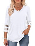 Solid color V-neck lace-trimmed top for women