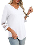 Solid color V-neck lace-trimmed top for women