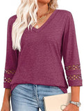 Solid color V-neck lace-trimmed top for women