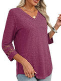 Solid color V-neck lace-trimmed top for women